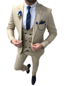 Traje de 3 Piezas para Hombre, Corte Slim, Color Beige a Cuadros, Cuello de Solapa, Cierre de Cremallera, Ropa Formal de Negocios, Antiarrugas - Product Image 2