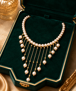 Elegant Women's cultured Pearl Tassel <b>Statement</b> <b>Necklace</b> Gold Plated Wedding Jewelry Round Bead Design - Product Image 5