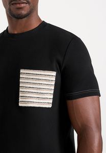 Camiseta de Punto Negra de Manga Corta para Hombre con Patrón Geométrico Bordado, Cuello Redondo, Corte Casual - Product Image 4
