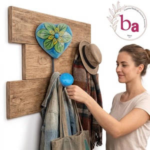 Ba Ceramic Heart Wall Hook Floral Design Handmade Eco-Friendly Vintage Self-adhesive Blue Green Yellow Flower Pattern Hook - Product Image 2