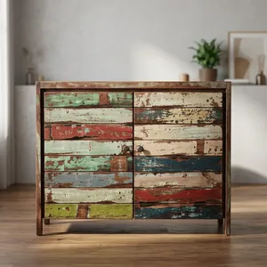 Small Wooden Sideboard <b>Cabinet</b> with Reclaimed Wood Finish <b>Rustic</b> Multicolor Drawers Compact Storage Organizer for Living Room - Product Image 5
