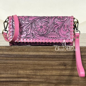 Top Quality Floral Hand Tooled Leather Trifold Crossbody wallet Genuine Cowhide Leather Western Design <b>Boho</b> Mini <b>Bag</b> for Women's - Product Image 1