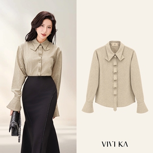เสื้อเชิ้ตผ้าลินินผู้หญิง แขนยาว ทรงระฆัง ติดกระดุม คอปก สีพื้น สำหรับใส่ทำงาน สีทราย SELVA - Product Image 1