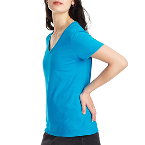 T-shirt décontracté pour femme à manches courtes, col en V, coupe classique, teinture unie, anti-boulochage, respirant, logo personnalisable, été, 100% coton - Product Image 3