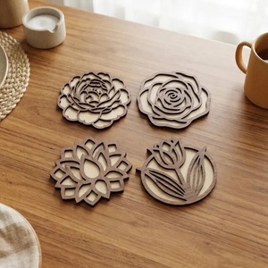 Floral Laser Cut Solid Wood Coaster Handcrafted Heat Resistant Drink Mat <b>Table</b> <b>Protector</b> Coffee Tea Cup Holder Home Decor - Product Image 2