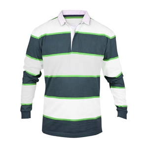 Chemise de rugby en coton lourd avec logo personnalisé, manches longues, polo rayé, vert marine, col blanc contrastant, maillot de rugby classique - Product Image 4