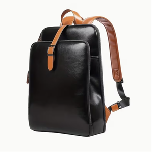 Leather <b>Backpack</b> <b>Black</b> With Brown Straps <b>Men</b> Women Daily Use Travel Bag Multi Pocket Design Classic Leather <b>Backpack</b> with - Product Image 3
