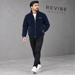 <b>Mens</b> Navy Blue <b>Sherpa</b> Fleece <b>Jacket</b> Custom Logo Stand Collar Full Zip Warm Winter Casual Outerwear OEM Wholesale Manufacturer - Product Image 3