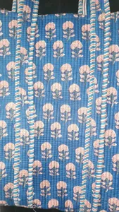 Traditional Blue Cotton Tote Bag with Floral Print Bohemian Style <b>Summer</b> Casual Open Top Shopping <b>Handbag</b> for Women - Product Image 2