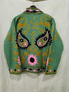 Veste en laine brodée à la main à col montant, manches longues, motif floral Paisley, vert rose noir, manteau tricoté d'hiver pour femme - Product Image 3