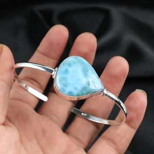 Wholesale Natural Larimar Gemstone Pear <b>Cuff</b> <b>Bracelet</b> 925 Sterling <b>Silver</b> Plated Handcrafted Designer Fashion Jewelry for Women - Product Image 3