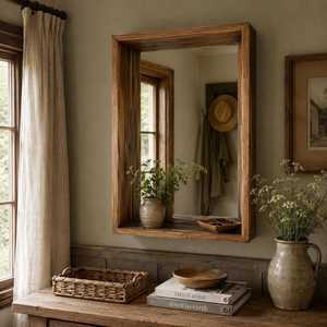 Rustic <b>Rectangular</b> Solid Wood Shadow Box Wall <b>Mirror</b> Deep Recessed Timber Frame Entryway Storage Ledge <b>Mirror</b> Decor Artwork Unit - Product Image 3