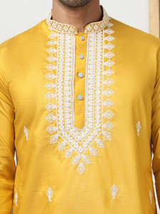 <b>Men's</b> Yellow Embroidered Kurta <b>Pajama</b> Set Traditional Indian Pakistani Ethnic Wear - Product Image 3