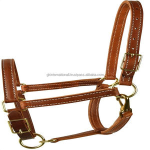 Cabestro de caballo de cuero inglés marrón de doble costura blanco hecho a medida con hebilla y anillo de corona doble resistente sólido - Product Image 2