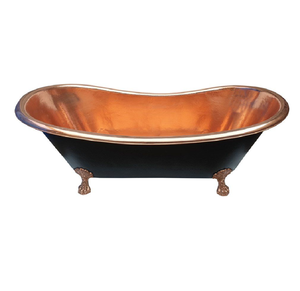 Bañera de cobre de respaldo alto con acabado en carbón oscuro y grifería de lujo para montaje en el suelo. Disponible a precios de mayorista. - Product Image 3