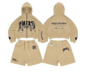 Conjunto de Sudadera con Capucha Oversize y Pantalón Corto con Cremallera, Bordado de Apliques Personalizados y Pedrería, Estilo Vintage Desgastado, Lavado Ácido, de Felpa Francesa - Product Image 5