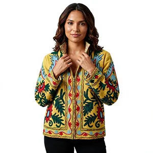 เสื้อแจ็คเก็ตผู้หญิง Sujani ผ้าฝ้าย Khadi สไตล์วาร์ซิตี้ ลายดอกไม้ ประดับพู่และเลื่อม ถักนิตติ้ง น้ำหนักเบา แห้งเร็ว แบบสั่งทำพิเศษ สองชั้น - Product Image 1