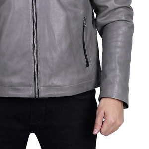 Men's Gray Solid Color Leather Moto <b>Jacket</b> Zipper Closure Turn-down Collar <b>Slim</b> <b>Fit</b> Regular Length Leather <b>Jacket</b> For Sale - Product Image 2