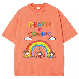 Camiseta Rosa Unisex de Cuello Redondo, Manga Corta, Corte Holgado, Diseño de Arcoíris con Estampado de Dibujos Animados, Texto 'Death Is Coming' en la Parte Delantera, para Todas las Temporadas - Product Image 2