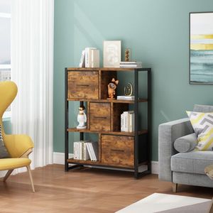Libreria a 4 Ripiani in Legno Nero e Ferro con 3 Gambe Alte, Pannello in Truciolato e Tessuto Non Tessuto, 80x30x103cm, Struttura in Ferro, Componenti in Legno Nero e Ferro - Product Image 2
