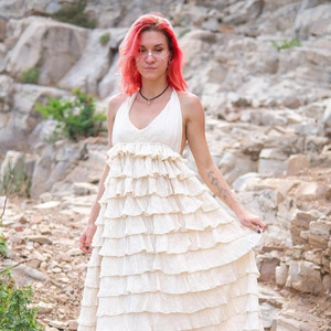 Vestido Maxi Halter Bohemio con Volantes de Algodón Blanco en Capas, Ligero y Transpirable, de Gran Venta 2026 - Product Image 1