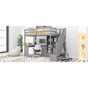 Letto a soppalco singolo con scrivania a L e cassetti, armadio contenitore grigio e scala - Mobili per bambini - Product Image 6