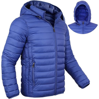 Veste d'hiver décontractée pour homme en cuir véritable écologique bleu avec capuche, coupe-vent en polyester, fermeture éclair sur le devant