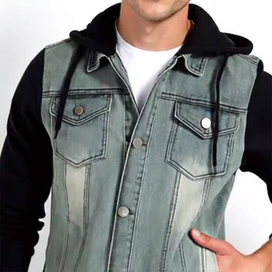 <b>Men's</b> Denim <b>Jacket</b> Hooded Casual Button Up Slim Fit Washed Jean Coat Autumn Outwear Black Sleeve Design - Product Image 4