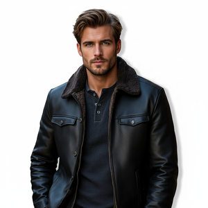 Veste en cuir de vachette noire pour homme, col rabattu, fermeture éclair, coupe classique, couleur unie, vêtement d'hiver, véritable peau d'agneau - Product Image 5