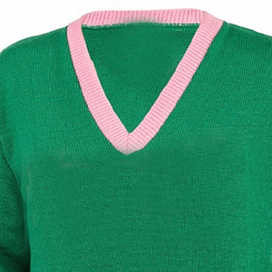 Pull en molleton tricoté vert, col rond rose, coupe classique, unisexe, décontracté, coupe-vent, hiver, logo personnalisé, sororités, style universitaire - Product Image 5