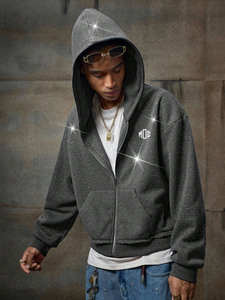Sudadera con capucha para hombre con cremallera y pedrería brillante, estilo urbano, corta, personalizada con estrellas, venta al por mayor - Product Image 5