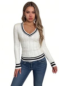 เสื้อสเวตเตอร์ไหมพรมถักลายวินเทจสำหรับผู้หญิง คอวี แขนยาว ผ้าฝ้าย 100% สวมใส่สบาย ทรงพอดีตัว เหมาะสำหรับใส่ลำลอง - Product Image 6