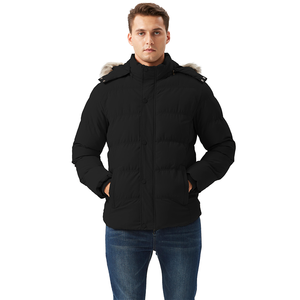 Parka noire à capuche pour homme avec garniture en fourrure, col montant, imperméable, en polyester, vêtement d'extérieur décontracté, coupe classique - Product Image 1