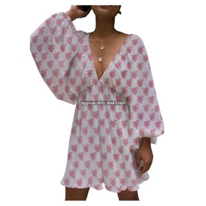 Vestido Casual con Escote en V Profundo, Vestido Tipo Linterna Mini con Escote en V Profundo, Vestido Sexy de Verano en Tela de Algodón Tejido, Gran Venta en Ropa Casual - Product Image 3