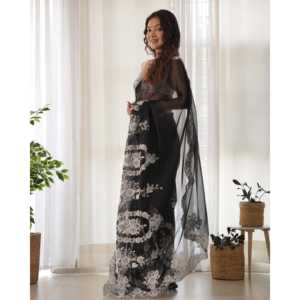 Fancy <b>Saree</b> with Stunning Thread Work and Cut Dana Embroidery Indian & Pakistani Clothing - Product Image 3