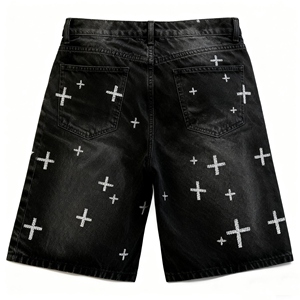 Jeans de Mezclilla Negros Desgastados de Alta Calidad para Hombre, Transpirables, con Bordado de Cruz de Pedrería, Estilo Casual Urbano para Verano - Product Image 2