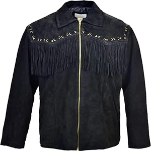 Men's Black Suede Leather <b>Jacket</b> With <b>Fringe</b> And Concho Decor Turn-down Collar Zipper Closure Casual Autumn Wear - Product Image 1