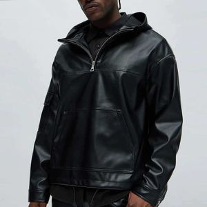 100% High Quality Leather <b>Pullover</b> Hoodie Solid Color Pattern Hooded Collar <b>Men</b>’s Hoodies Streetwear Winter Style For Trendy - Product Image 1