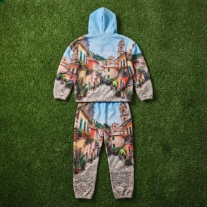 Conjunto de Chándal para Hombre con Sudadera con Cremallera y Estampado de Pueblo Azul, Pantalones de Pierna Ancha, Estilo Urbano Personalizado, Moda Casual a Juego - Product Image 5