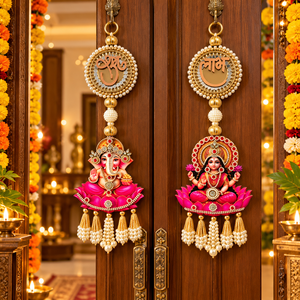 Decoración Colgante de Pared con Diseño de Ganesh Lakshmi Shubh Labh para Puerta Principal, Decoración Festiva para el Hogar con Cuentas de Perlas y Borlas - Product Image 1