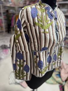 Hand Embroidered <b>Quilted</b> <b>Jacket</b> With Striped <b>Pattern</b> Blue Floral Design Stand Collar Full Sleeve Women's Autumn Wear GIFT - Product Image 4