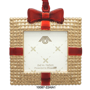 Square Metal <b>Christmas</b> Ornament 2x2 in Red and Gold Glossy Finish Handcrafted Decor Indoor Use - Product Image 1