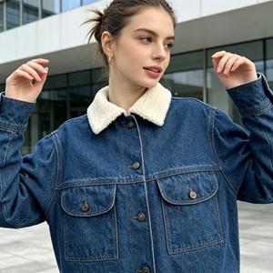 Trend Women's Woven Denim Bomber Jackets with <b>Fur</b> <b>Trim</b> Customizable Sizes & Colors Breathable Outdoor Winter Warm Jacket - Product Image 1