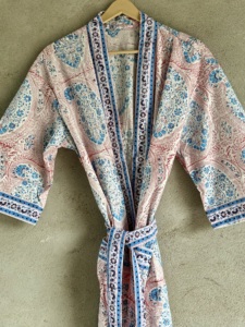 Block Print Cotton <b>Kimono</b> Robe <b>Long</b> Sleeve Floral Beach Cover Handcrafted V-neck Full-Length Belted Spring Resort Wear Front - Product Image 6