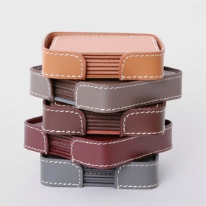 Luxury Leather <b>Coaster</b> Set with Holder Custom Logo Square Waterproof <b>Heat</b> Resistant Faux Leather Cup Mat for Office Home Decor - Product Image 1