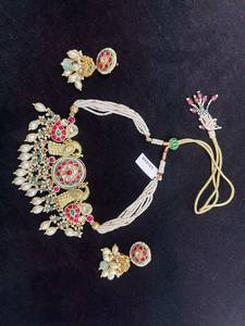 TISHYA DIAMOND Gold Plated Copper Alloy Brilliant Cut Ruby Imitation <b>Pearl</b> Tassel Necklace Earring <b>Set</b> Ethnic Wedding <b>Jewelry</b> - Product Image 4