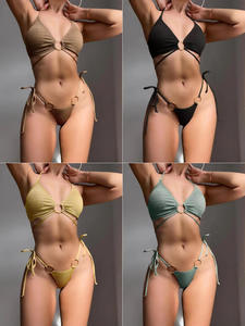 Ensemble de bikini texturé deux pièces pour femme avec détail anneau, maillot de bain tendance pour vacances à la plage, à nouer sur les côtés - Product Image 6