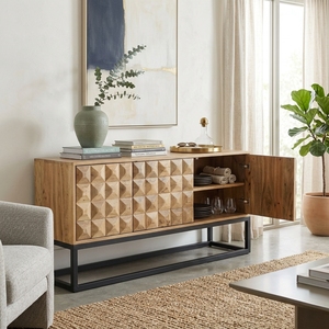 Dice Buffet <b>Sideboard</b> Modern Industrial Solid Wood <b>Storage</b> Cabinet With 3D Geometric Carved Doors And Black Metal Base Furniture - Product Image 2