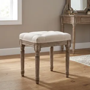 Taburete Tradicional Tapizado en Tela con Patas de Madera, Estilo Antiguo, Mueble para el Hogar, para Dormitorio o Sala de Estar - Product Image 5