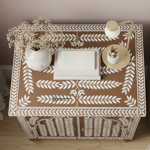 Mesa de Noche Moderna de Lujo con Incrustaciones de Hueso, Ecológica y Hecha a Mano, con 3 Cajones, Gabinete Auxiliar, Diseño Floral Marrón y Blanco - Product Image 4